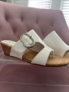 Impo White Cork Wedge Slide Sandals with Buckle Accent